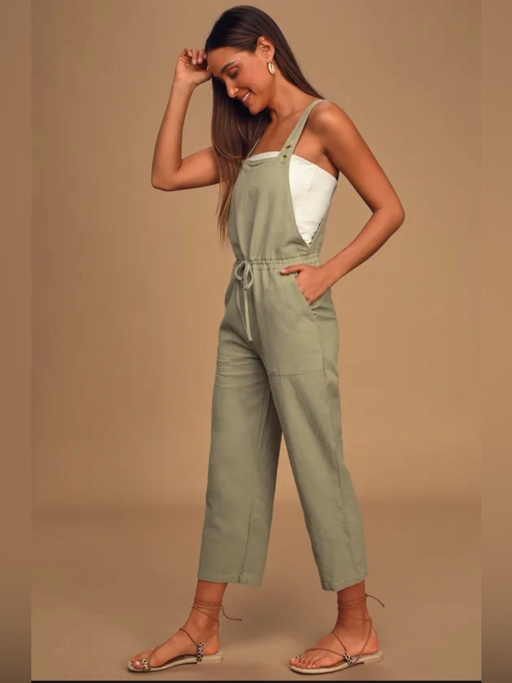 Lulus Sage wGreen Linen-Blend Overalls